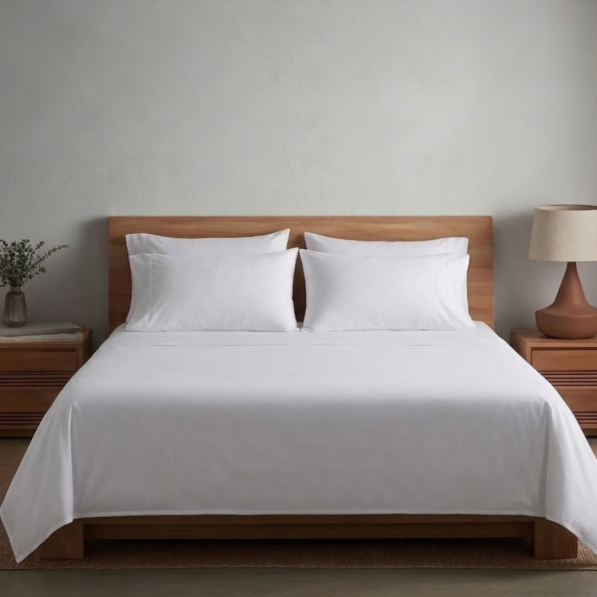 Bed with white bedding and wooden headboard in a minimalistic bedroom setting.