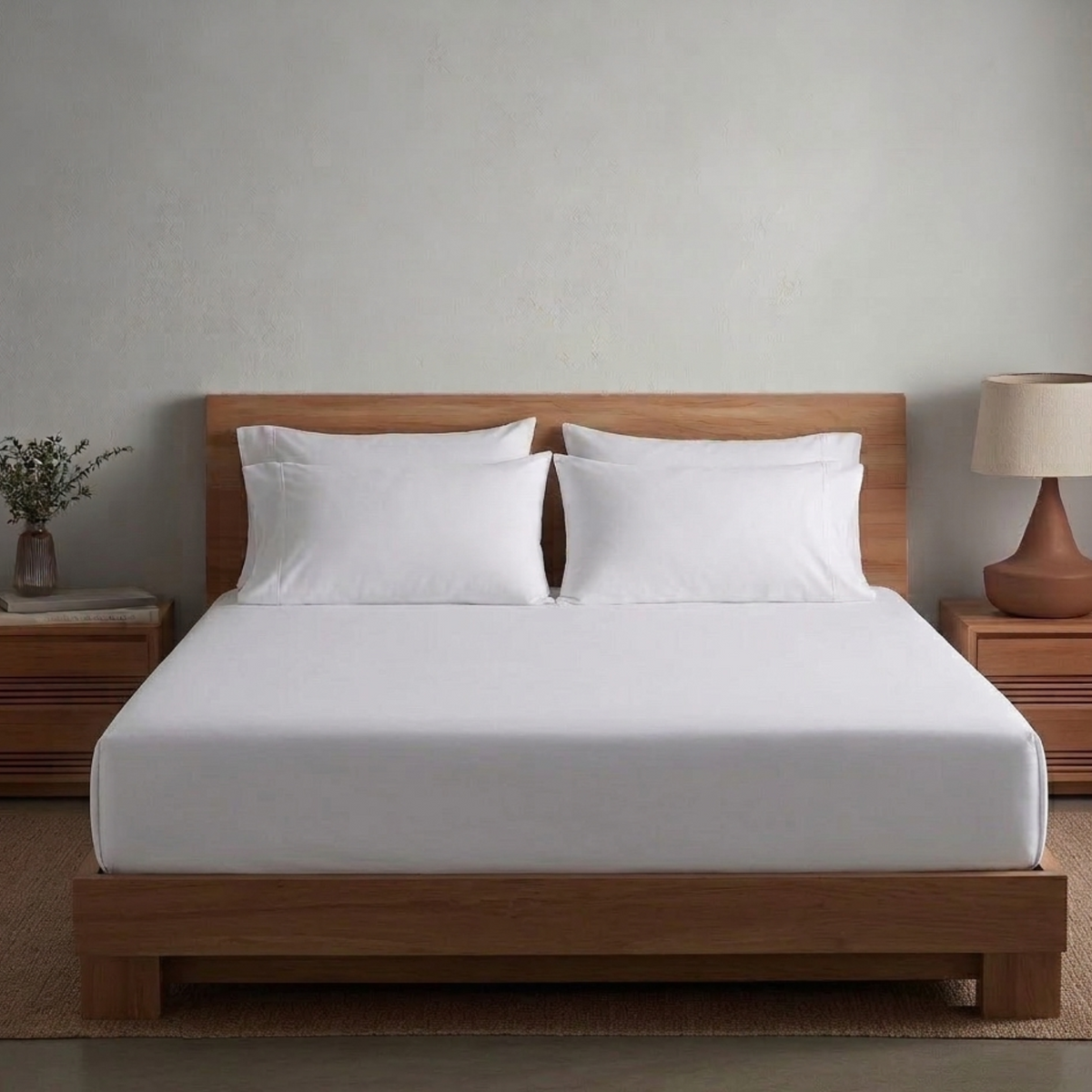 Wooden bed with white bedding in a minimalistic bedroom setting