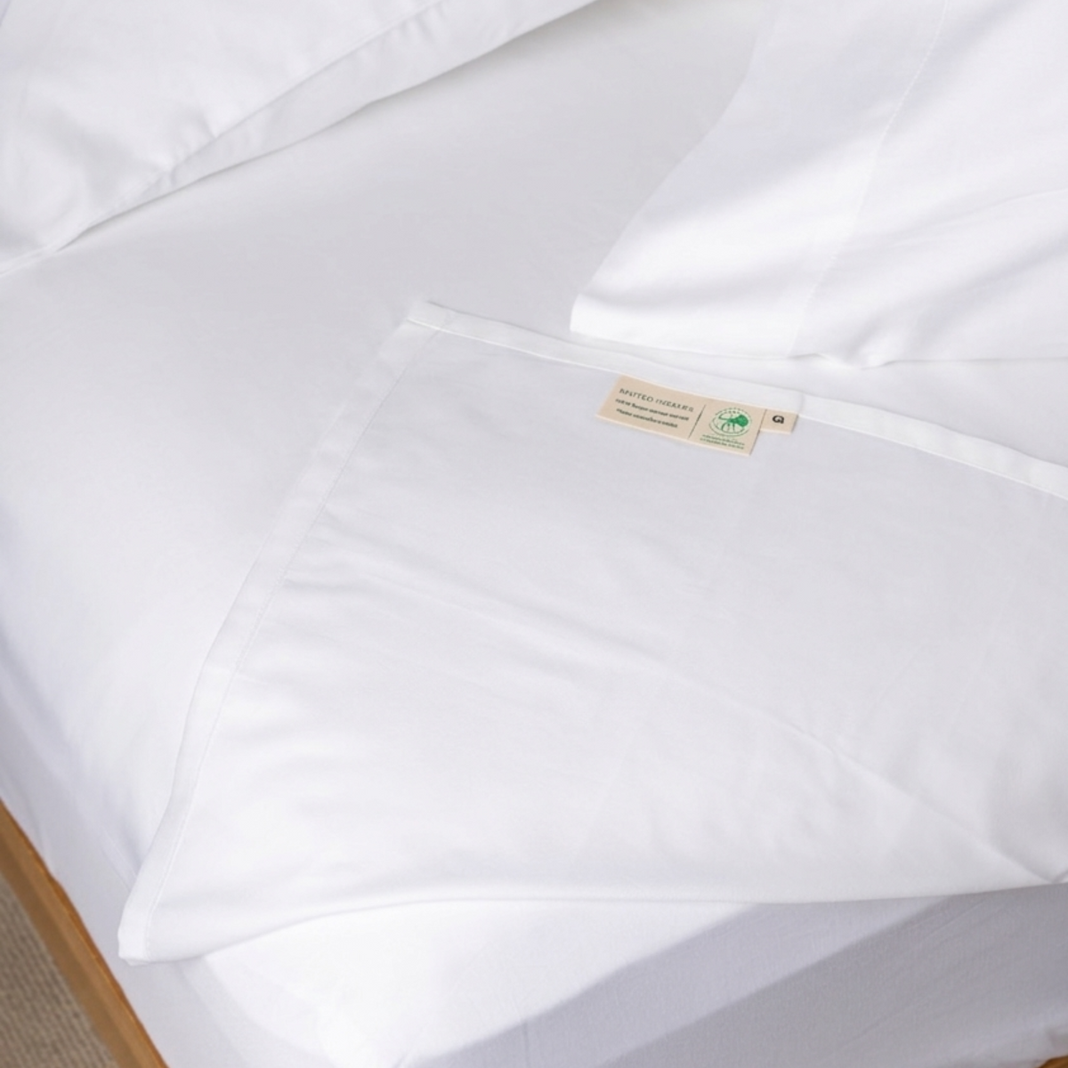 Close-up of a white comforter with a brand label on a bed.